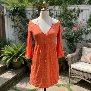 Adriana Degreas Luxury Martini Glass Print Bell Sleeve Mini Dress - Orange/Pink